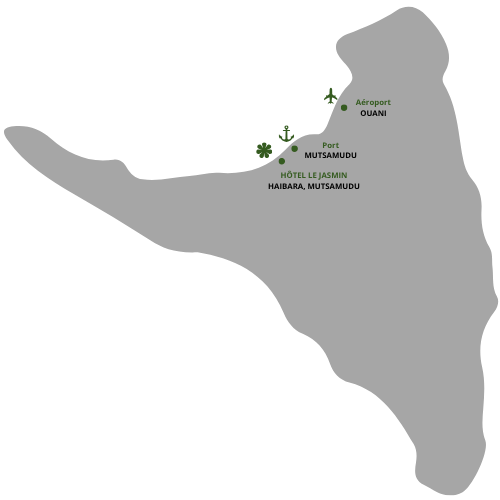 Carte de localisation du Jasmin entre le port de Mutsamudu et l’aéroport d’Ouani
